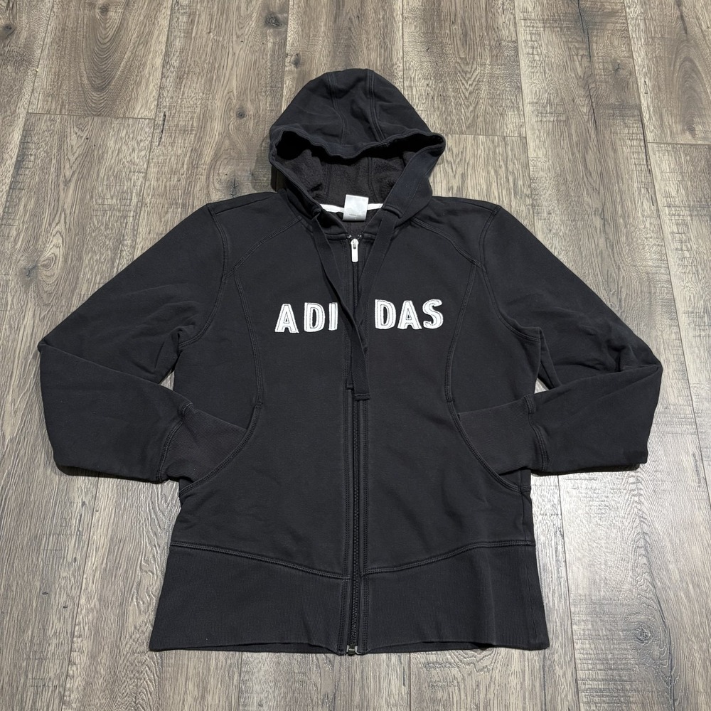 Adidas Hoodie Womens XL Black Fleece Full Zip Hooded Logo Raglan AJW001